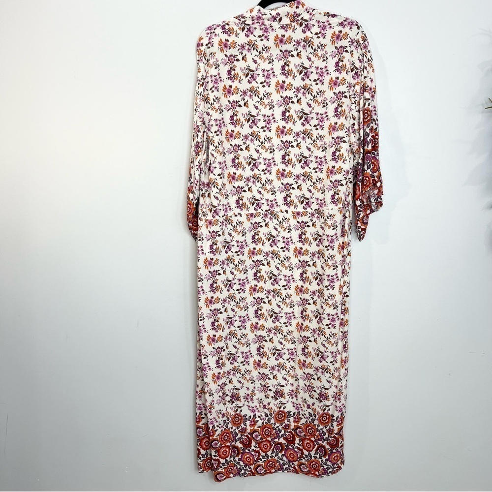 Beige boho cottagecore cotton floral kimono sleeve jacket duster robe - Picture 5 of 13